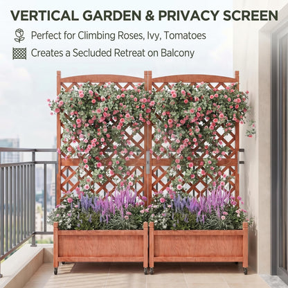 ActiveTrail 2 PCS Raised Garden Bed with Trellis, 61.5" Wooden Planter Box Outdoor with Drainage Holes and Locking Wheels, Privacy Planters for Patio, Climbing Plants, Vegetables, Balcony & Yard