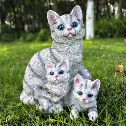Ahbuohe Mama Cat and Kitten Garden Statue,Outdoor Lawn Decorative Figurine Grey Cat Statue for Patio Yard,Funny Animal Flower Bed Decor Art Sculpture