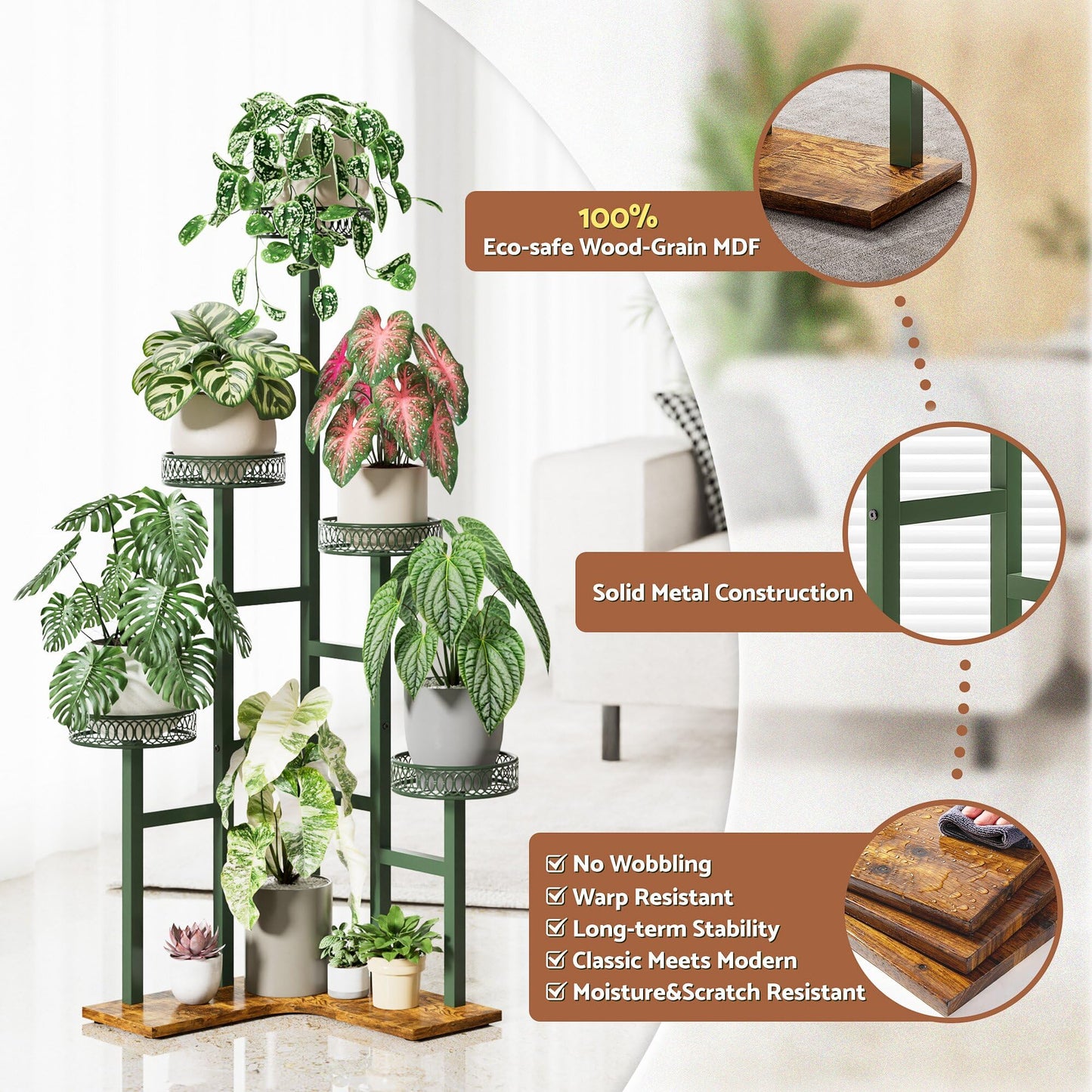 NQW Plant Stand 6 Tier Indoor Metal Wood Flower Shelf for Indoor Outdoor Corner Tall Flower Holders for Garden Balcony Living Room Bedroom