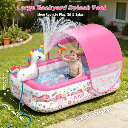 JOSEN Unicorn Kiddie Pool with Canopy and Sprinkler, Inflatable Baby Pool with Soft Cushioned Floor, Portable Toddler Blow Up Pool Ball Pit for Backyard, Outdoor/Indoor Play Toys