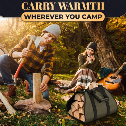 Water-Resistant Firewood Carrier Bag – 39.4"x18.5" Waxed Canvas Log Carrier for Firewood, Open-Ended Design, Large Capacity Wood Tote with Padded Handles, Buckle Strap & Folds Flat for Easy Storage