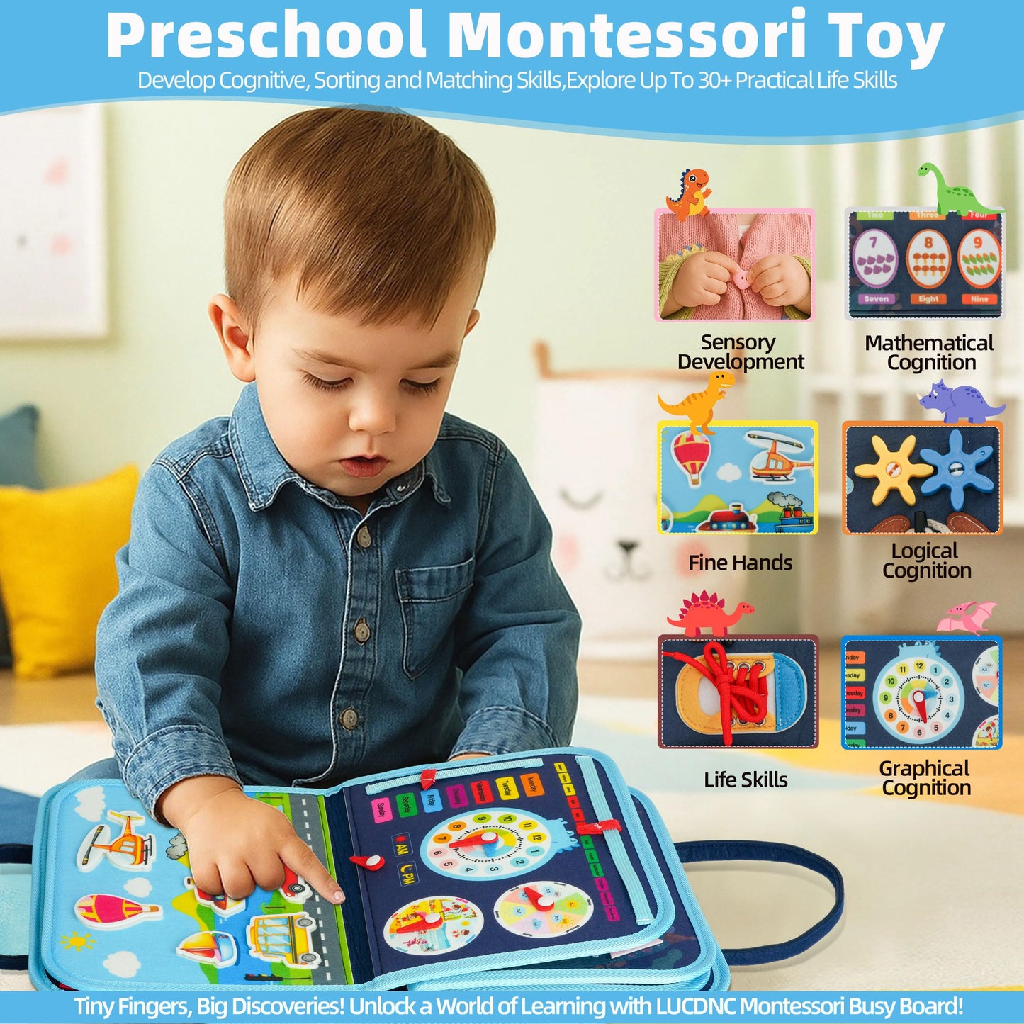 Toddler Busy Board Montessori Toys for 3 Year Old Birthday Gifts for Kids 10 Pages in 1 Soft Felt Activity Book Develop Fine Skills Educational Learning Sensory Travel Toys for Airplane Car