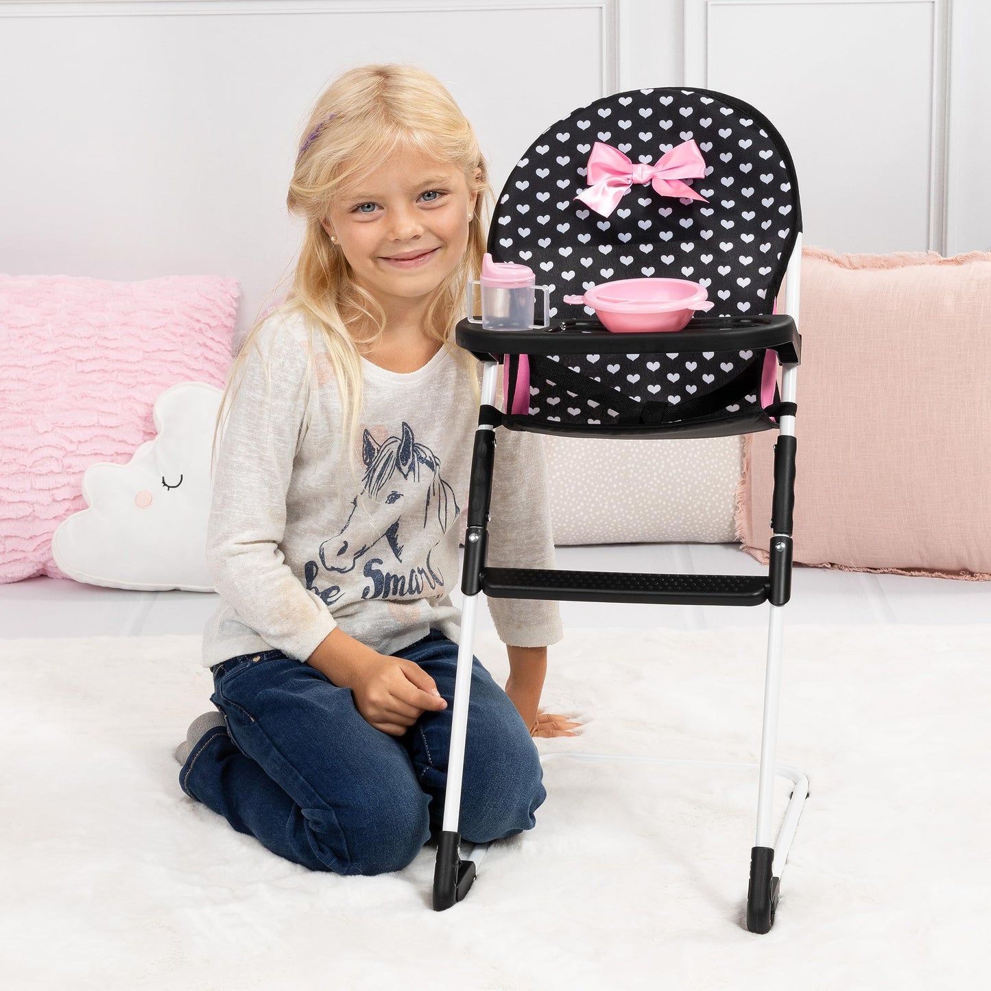 Bayer: Travel 9 Piece Set - Black, Pink, Hearts - Bed, Highchair, Playground & Accessories for Dolls Up to 18", Kids Toy, Ages 3+