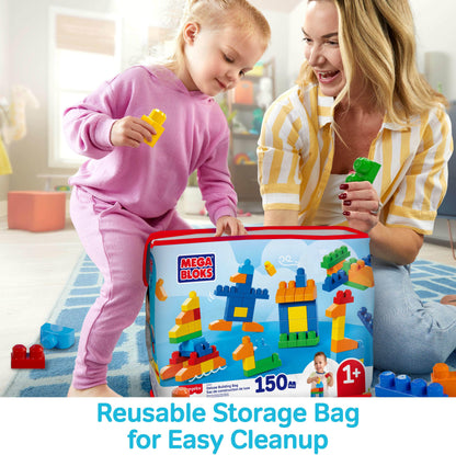 MEGA BLOKS First Builders Toddler Blocks Toys Set, Deluxe Building Bag with 150 Pieces and Storage, Creative Open-Ended Play, Blue, Ages 1+ Years (Amazon Exclusive)