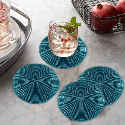 Handmade Beaded Coasters Set of 6, Teal Blue Circular Pattern Decorative Drink Coasters for Coffee Table, Dining Room Table, Wedding Party, Birthday Gift - 4 Inch - Teal