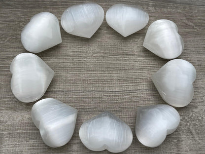 Selenite Gemstone Hearts, Polished Selenite Puffy Hearts, Selenite Crystal Palm Stone, Selenite Healing Crystal Hearts (1 Heart)