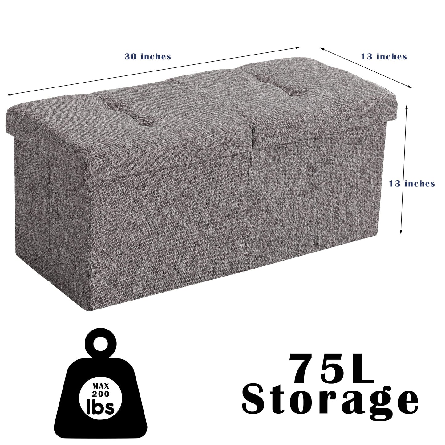 CUYOCA Storage Ottoman Bench Foldable Seat Footrest End of Bed Ottoman with Flipping Lid for Living Room, 75L, 30 inches Linen Fabric Beige