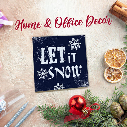 5" Pinewood Block Sign Gift - Let It Snow - Holiday Winter Decor Snowflake Small Gift For Friends & Families, Living Room, Counter, Shelf, Snowflake Home & Office Decoration & Gift(Blue)- B05