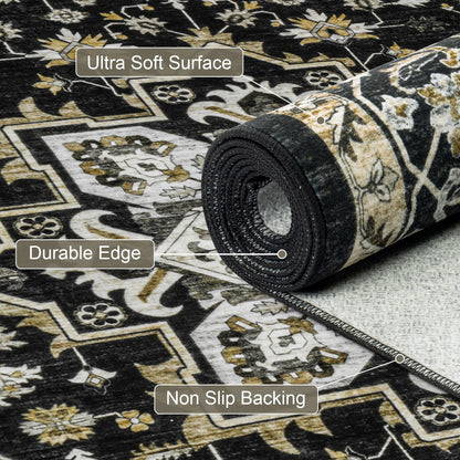 3x5 Area Rugs Living Room Rug: Washable Vintage Boho Medallion Rug No Slip Stain Resistant Soft Carpet Indoor Large Carpets for Bedroom Dining Room Farmhouse Nursery Hallway Home Office Black Gold