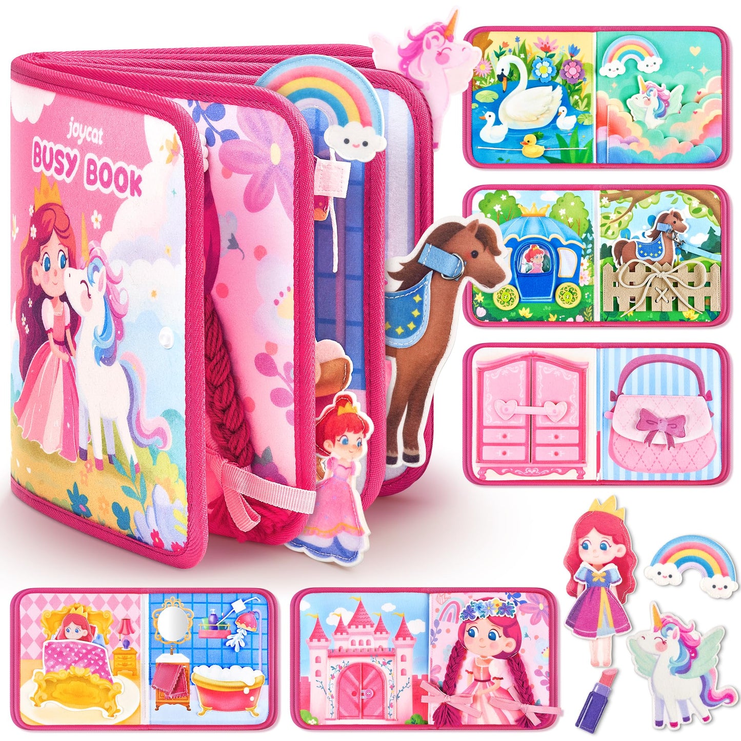 JoyCat Travel Toys for Toddlers 1-3, Princess Busy Book – Busy Book for 1 Year Old, Dress-Up, Unicorn & Castle Play –Quiet Toy Fine Motor Skills, Easter Basket Stuffers Gifts for Kids Girl