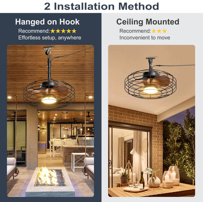 Coolbull Plug and Play Outdoor Ceiling Fans with Lights, 20'' Wet Rated Gazebo Fan Remote/APP Control, Dimmable Hanging Fan for Patio Pergola, Wood Color