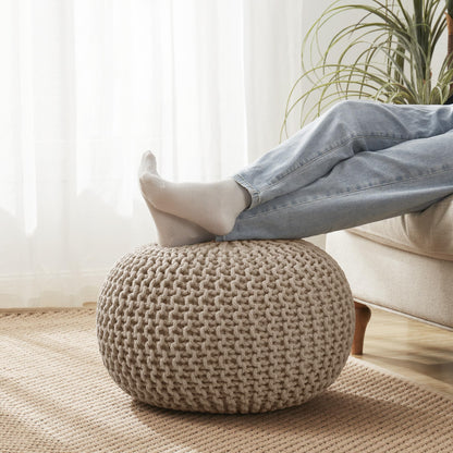 Pouf Ottoman Foot Rest Stuffed – 20” Diameter x 14” Tall Cozy Floor Pouf for Living Room, Bedroom, Nursery & More – 100% Cotton Knit Shell, EPS Bead Filled Footrest & Accent Chair, Beige