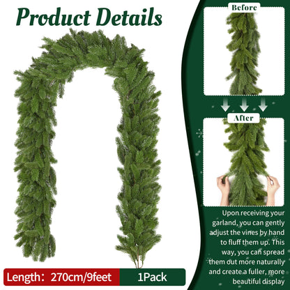 Palonu 1 Pack 9 Ft Artificial Christmas Norfolk Garland, Faux Green Cedar Touch Like Real Pine Needles, Fake Winter Greenery Decoration for Indoor Outdoor Xmas Fireplace Table Mantle Stairs Decor