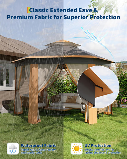 GarveeLife 13'x13' Pop-Up Gazebo, Outdoor Hexagonal Patio Gazebo with Mosquito Netting, Instant Setup Canopy Tent with Strong Steel Frame and Sandbags, for Backyard, Gardens, Patio (Khaki)