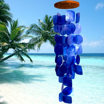 Bellaa 27918 Wind Chimes Outdoor, Garden Decorations, Musical, Indoor/Outside Windchimes, Beach, Ocean Breeze, Gifts for Mom, Gift for All Occasions, Capiz Sea Glass Shells Wood Blue 27 inch