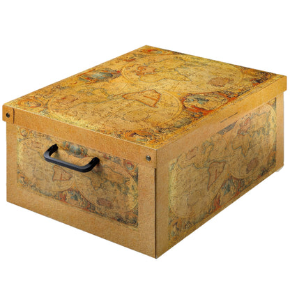 Lavatelli: Storage Box: Medium - Map - Lid & Side Handles, Decorative Cardboard Organizer, Stacks-Folds, Home-Clothes-Toys-Office, 16.5 x 12.6 x 8.3