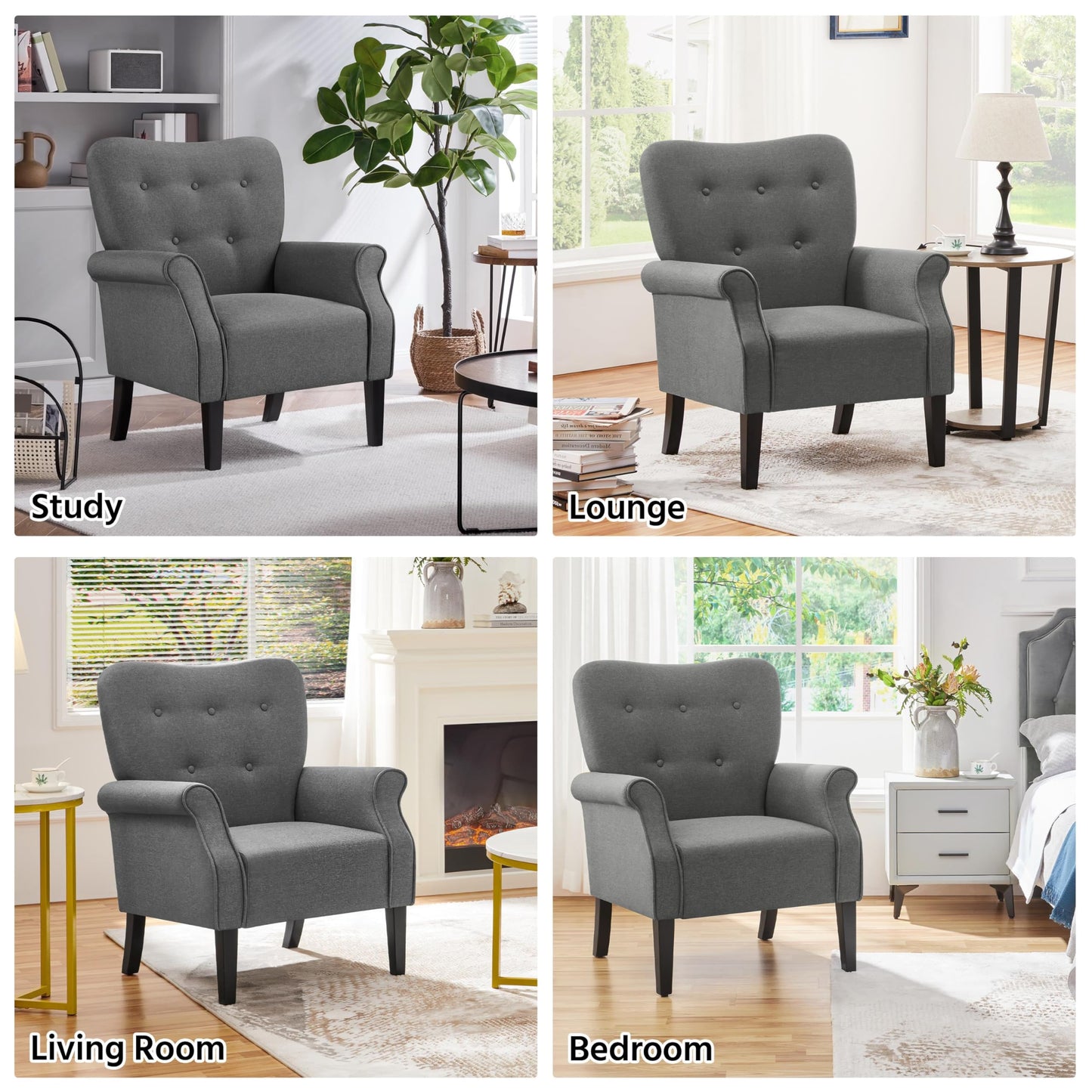 Yaheetech Modern Armchair, Mid Century Accent Chair with Sturdy Wood Legs and High Back for Small Space, Upholstered Fabric Sofa Club Chair for Living Room/Bedroom/Office, Dark Gray