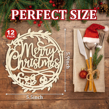 12 Pcs Christmas Wooden Plate Decor Merry Christmas Wood Cutouts Winter New Year Party Place Card Table Settings Signs for Farmhouse Dining Table Holiday Tree Decoration Ornament Flowers