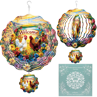 Chicken Wind Spinner Outdoor, Farmhouse Gift for Mom Women, Hanging Metal Wind Catcher with 3" Rooster Center Pendant, 12" 3D Stainless Steel Kinetic Art for Garden Yard