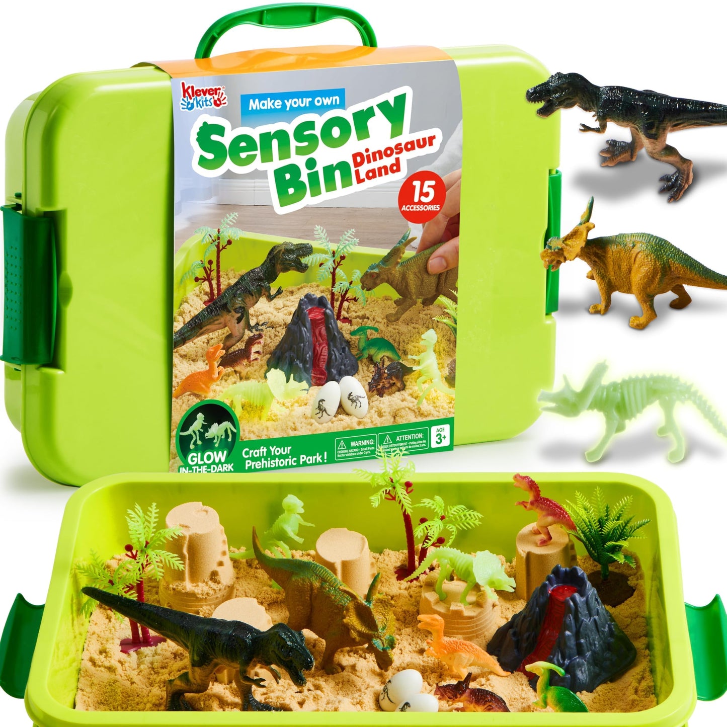 JOVA Klever Kits Dinosaurs Sensory Bin Toys for Toddlers with Glow in The Dark Dinosaurs, Sandbox with Lid Sand, Preschool Learning Activities Gifts for Boys Girls Age 3+
