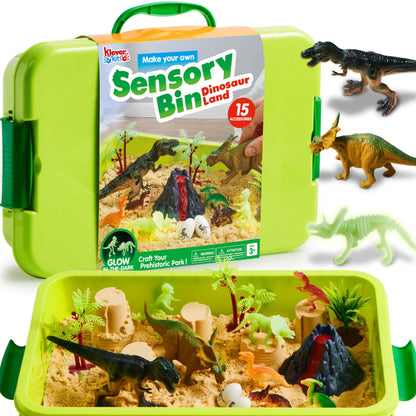 JOVA Klever Kits Dinosaurs Sensory Bin Toys for Toddlers with Glow in The Dark Dinosaurs, Sandbox with Lid Sand, Preschool Learning Activities Gifts for Boys Girls Age 3+