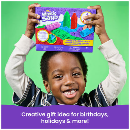 Kinetic Sand, Stamp N' Roll Crayon Multi-Pack with 12 oz Purple, Green, Blue & Red Play Sand, Toddler Toys, Arts and Crafts Kids Toys for Girls & Boys Ages 3 and up