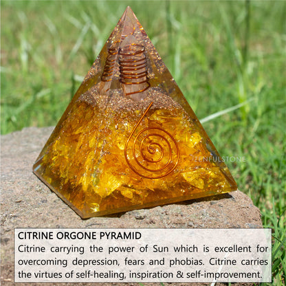 Citrine Orgone Pyramid for Success & Motivation | Orgonite pyramids with Copper Coil and Crystal Quartz for Chakra Protection