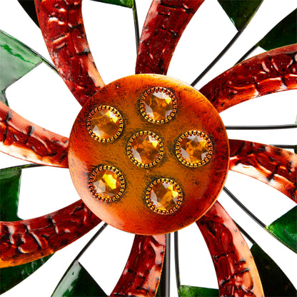 Alpine Corporation 64" Tall Floral Windmill Stake with Jeweled Kinetic Spinner, Green and Orange