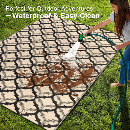OLANLY Reversible Outdoor Rug 5x8 ft Clearance, Waterproof Outdoor Plastic Straw Rug with Interlacing Pattern, RV Mat for Patio, Camping, Balcony, Deck, Backyard, Black & Beige