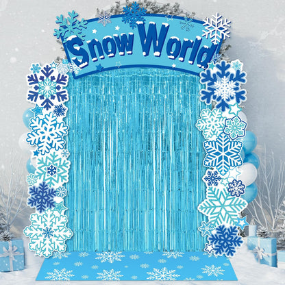 VitalCozy 7pcs Birthday Party Decorations Snowflake Tinsel Foil Fringe Curtains Porch Banners Snow Rug Backdrop for Wonderland Party Decoration Winter Supplies
