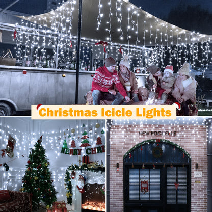 Ollny Icicle Lights 720LED 60FT, Cool White Christmas Lights with Remote 8 Modes Dimmable, Waterproof Connectable Timer Hanging Light for House Outdoor Outside Yard Indoor Decorations