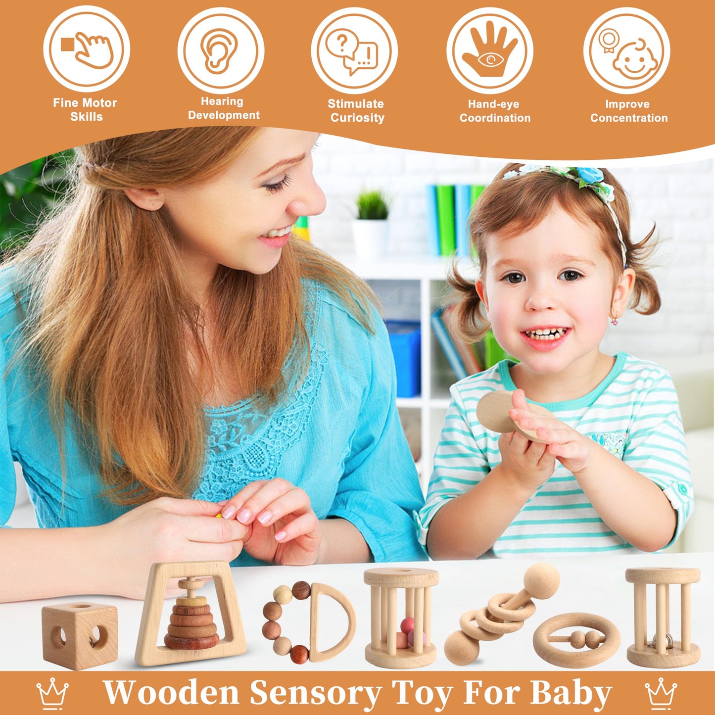 Wooden Baby Toy 8pcs, Montessori Toys for Babies 1-3 Years Old, Wooden Rattles Toy Set for Infant Grasping, Sensory Development, Gift for Baby Boys Girls (Natural Wood)