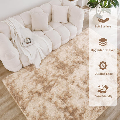 Litanika 4x6 Shag Area Rug for Living Room Bedroom, Tie-Dyed Beige High Pile Soft Plush Shaggy Furry Cream Bedside Playroom Dorm Carpet, Non-Slip, Non-Shedding Modern Indoor Floor Rug