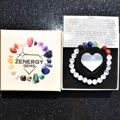 Zenergy Gems Charged Premium Natural 7 Chakra Selenite Crystal 8mm Bead Bracelet + Moroccan Selenite Charging Crystal [Included]