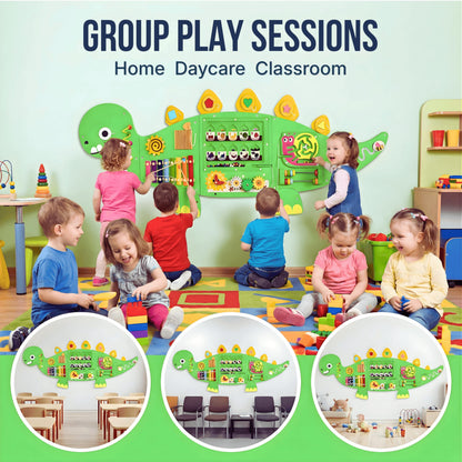 AthomBear Dinosaur Wall Busy Board with 12 Activities - Wall Toys for Toddlers 2,3,4,5 - Sensory Panel Wooden - Montessori Busy Board Learning Activity Center for Playroom and Classroom