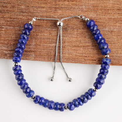 OdrillionGems Natural Lapis Lazuli Gemstones Bolo Bracelet, Faceted Beads, 925 Sterling Silver, Healing Crystals, Handmade, Adjustable Chain, Wedding, Women Jewelry, Chritmas Gifts, Size 10"