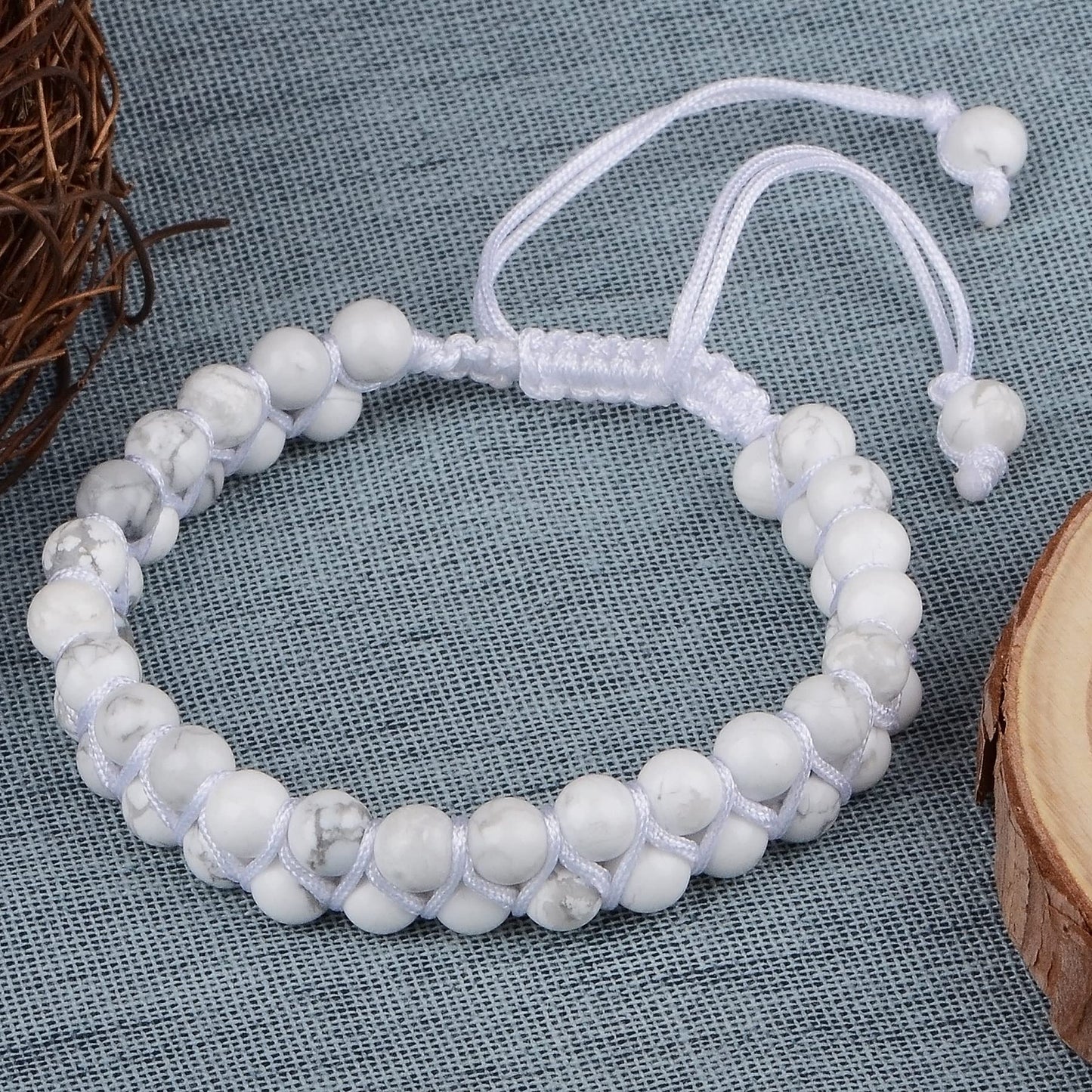 MASSIVE BEADS Natural Chakra Healing Power Crystals Macrame Bracelet Yoga Double Layer Stone Beads Gemstone Meditation Relax Anxiety Bangle for Unisex Women Men (Howlite, 6mm)