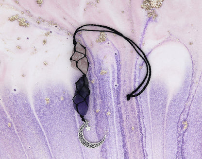 BOHO GARDEN Crystal Hanging Car Charm - Purple Rear View Mirror Hanging Car Accessories for Women, Moon Decor Hanging Ornament, Witchy Gifts and Healing Stones - Rose Quartz & Amethyst