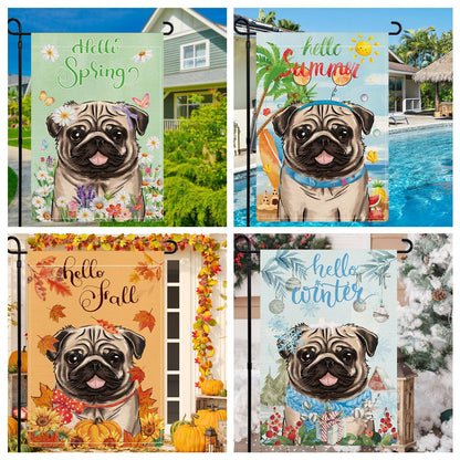 YOVOYOA Pug Garden Flags for Outside Set of 12, Dog Welcome Seasonal Garden Flags 12x18 Double Sided for All Seasons and Holidays, Spring Summer Yard Lawn Flag for Outdoor Decor, Pug Decor