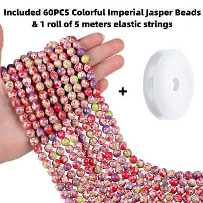 QINJIEJIE 60PCS Colorful Imperial Jasper Beads 8mm Stone Beads Round Loose Green Purple red Gemstone Bead for Bracelet Beading Crystal Jewelry Making DIY Necklace Earrings 0.32"