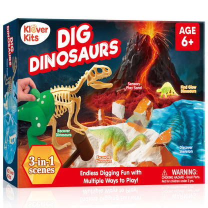 JOVA Klever Kits 3-in-1 Dinosaur Fossil Digging Kit STEM Learning Toys with Glow in The Dark Dinosaurs and Sensory Play Sand, DIY Your Own Dinosaur with 5 Color Clay, Gift for Kids Aged 6+