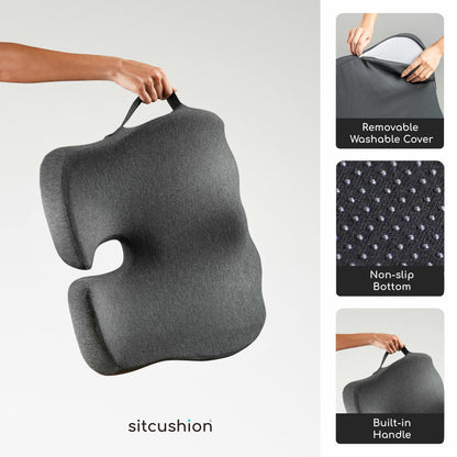 SitCushion Ergonomic Seat Cushion for Sciatica & Tailbone Pain Relief – Extra Large Memory Foam Office Chair Cushion for Long Sitting, Orthopedic Coccyx Cushion for Desk Chair, Car & Wheelchair(Black)