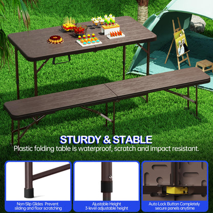 VSOAEIL Folding Table 4 Foot for Indoor Outdoor, Portable Heavy Duty Fold-in-Half Utility Small Plastic Adjustable Height Folding with Carrying Handle for Picnic Camping and Party, Brown