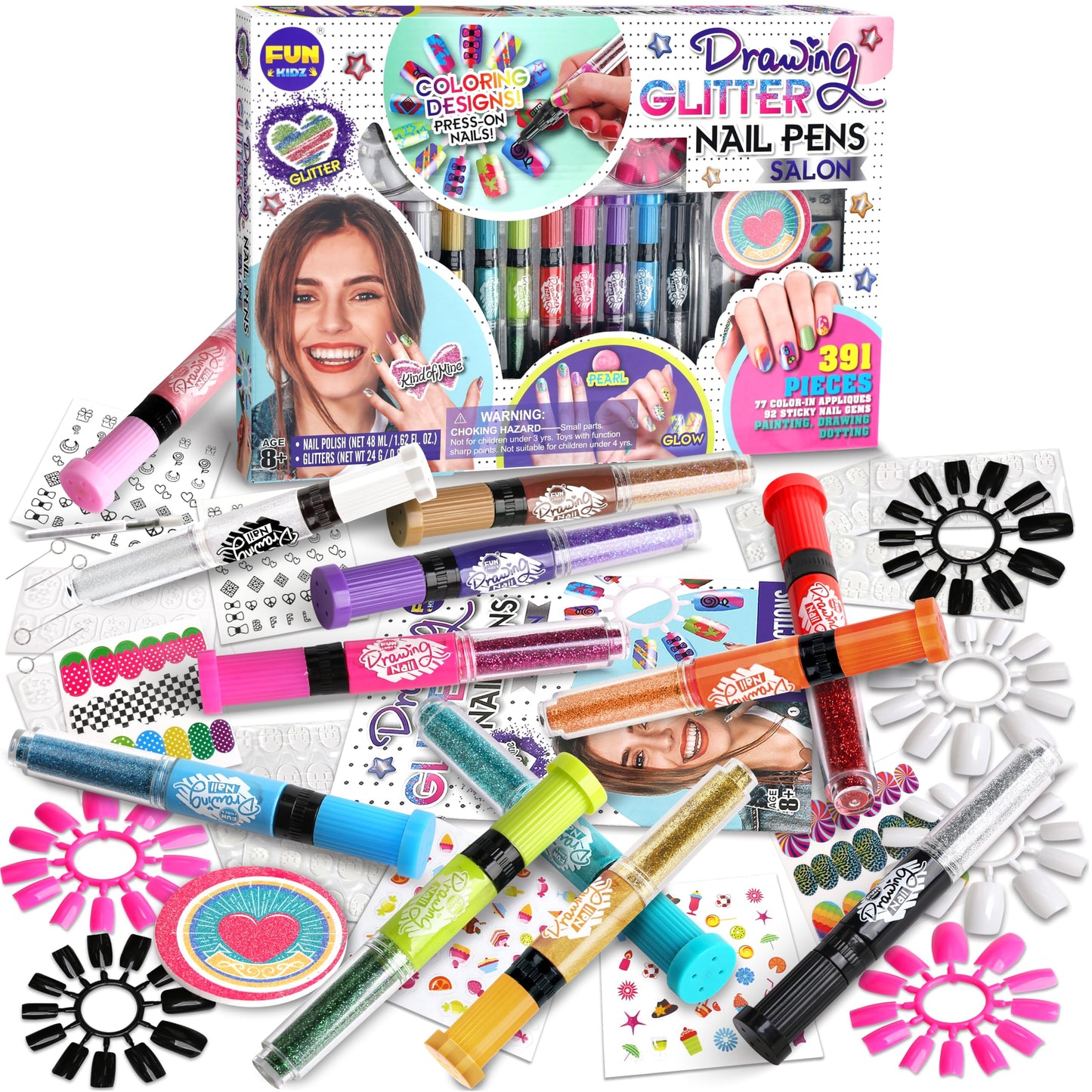 Kids Nail Kit for Girls Ages 7-12, FunKidz Ultimate 315Pcs Nail Polish Pens Combo Pack Size 17.91Wx12.4L Glitter Temporary Nail Supplies for Teens SPA Makeup Kit