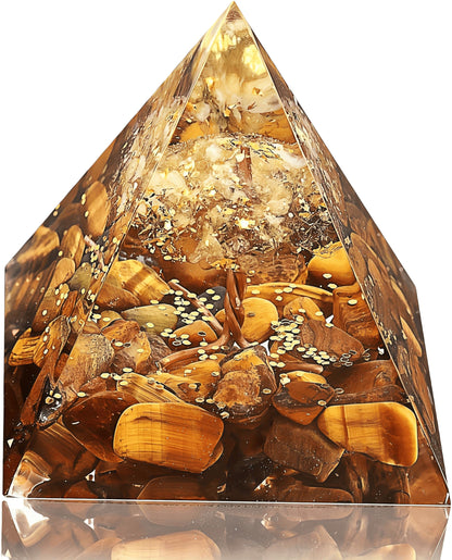 Tree of Life Orgone Pyramid Citrine with Tiger Eyes Positive Energy Healing Crystals Pyramid for Reduce Stress Chakra Reiki Meditation Attracts Lucky and Success