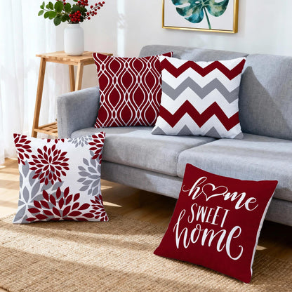 Hexagram Geometric Burgundy Pillow Covers 18x18 Set of 4, Decorative Outdoor Boho Modern Throw Pillow Covers, Home Sweet Home Farmhouse Cushion Case for Couch Sofa Bedroom Indoor Decor(No Insert)