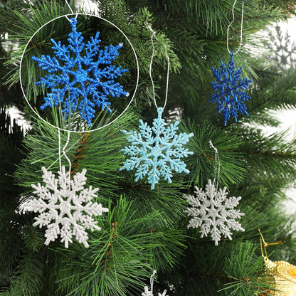 Whaline 45Pcs Winter Snowflake Hanging Ornament mas Glitter Blue Silver Pendant with String for Christmas Tree Winter Wonderland Holiday Party Decor