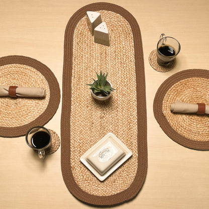 CHARDIN HOME Verona Oval Woven Jute & Cotton Braided Table Runner, Size -13 x 36 Inches, Color - Natural Jute with Brown Border
