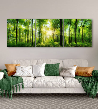 Forest Wall Art Decor - Large Canvas Art 24x72 - 3 Panel Green Nature Print - Forest Picture of Trees Wall Art - Landscape Nature Canvas Wall Art for Living Room, Bedroom & Office