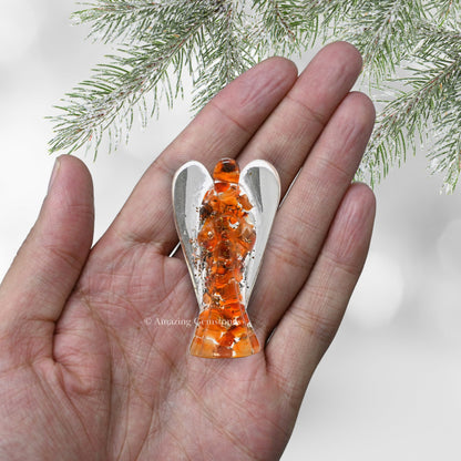 Amazing Gemstone Carnelian Guardian Angel Figurine Pocket Crystal Angel for Protection - Orgone Guardian Angel with Orgonite Layer and Natural Crystal for Healing Gift (2 Inch, Organite)